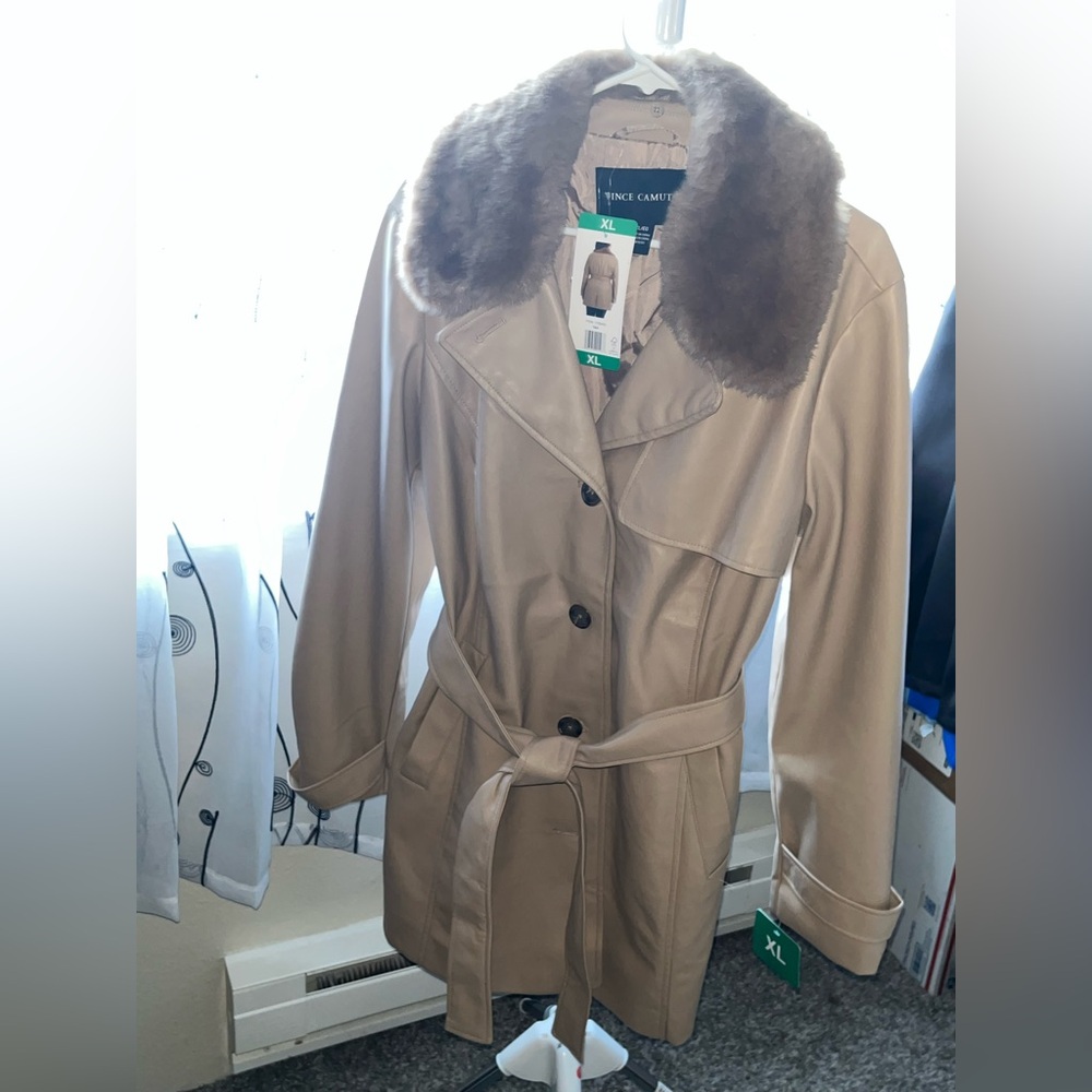Vince Camuto Tan Faux LeatherTrench Coat with Faux Fur Collar